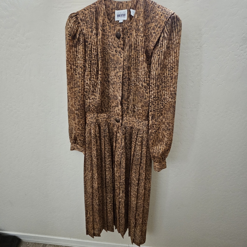 VTG Leslie Fay Elegant Brown Animal Print Patterned Dress Petite Size 10